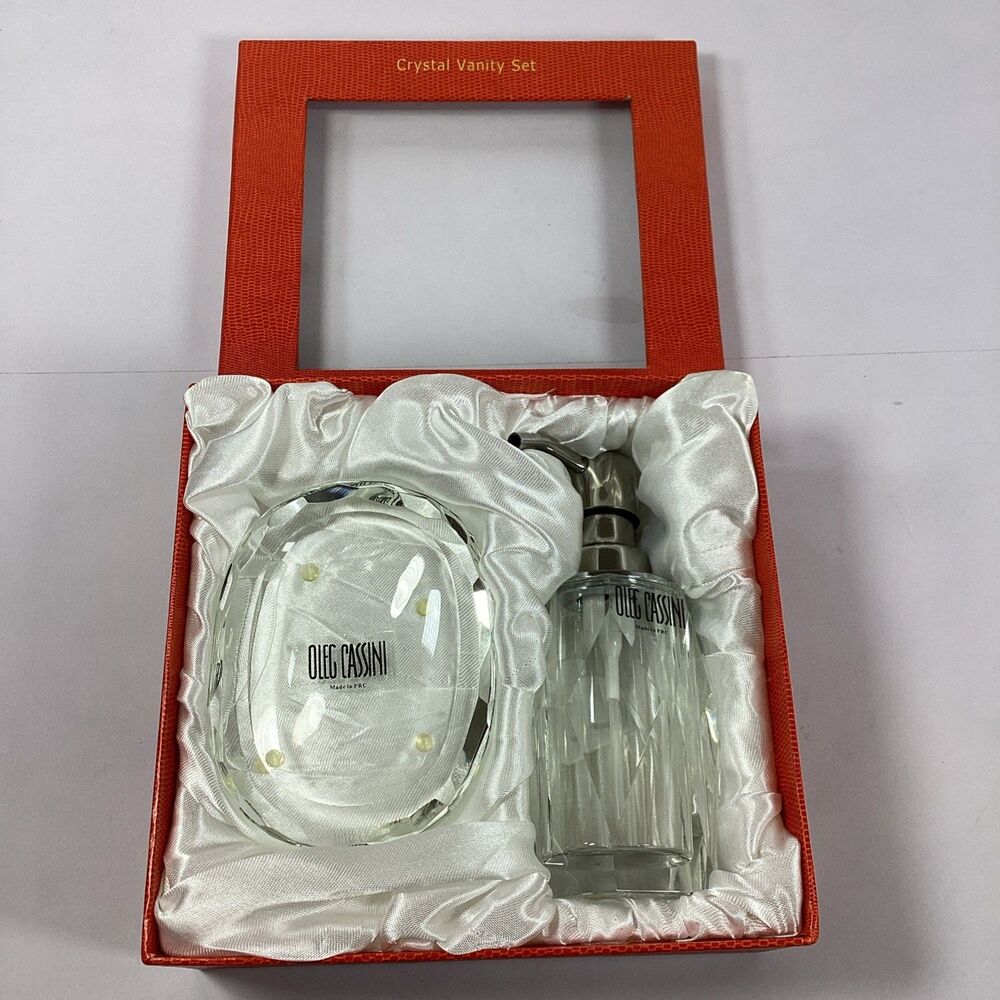 Oleg Cassini Crystal Lotion Dispenser Soap Dish Clear Etched Signed New In Box